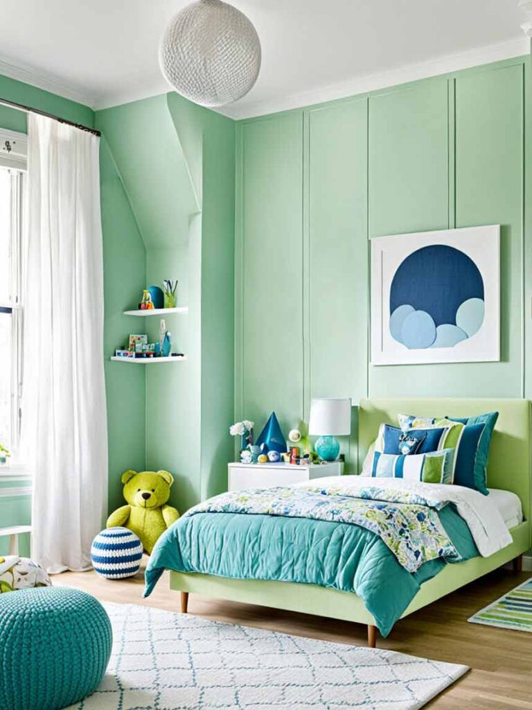 Green and blue girls bedroom with double bed