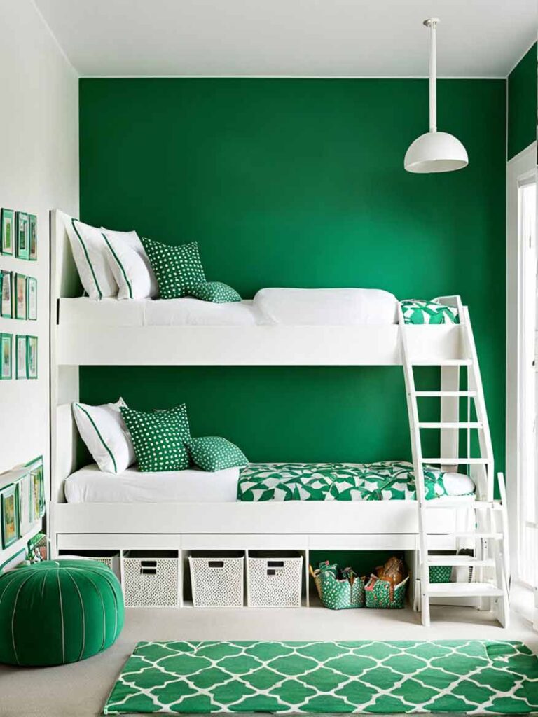 Girls bedroom with emerald green accent wall.