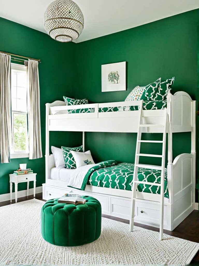 Emerald green and white girls bedroom with bunk bed