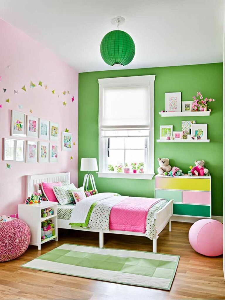 Pink and green girls bedroom idea