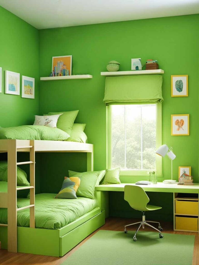 Bright green girls bedroom with bunk bed