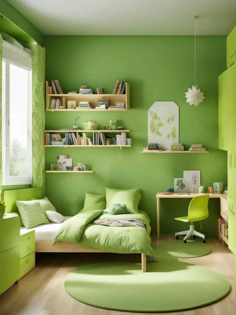 Girls bedroom with green walls and bookshelves