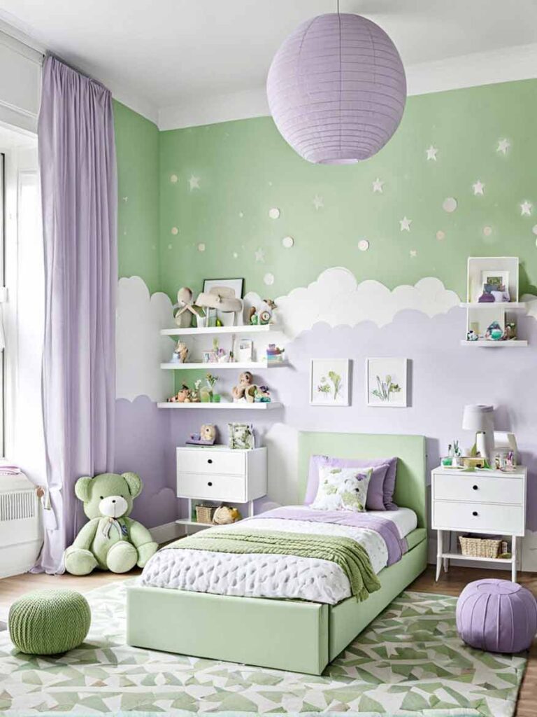 Girls green and purple bedroom with decorative paint