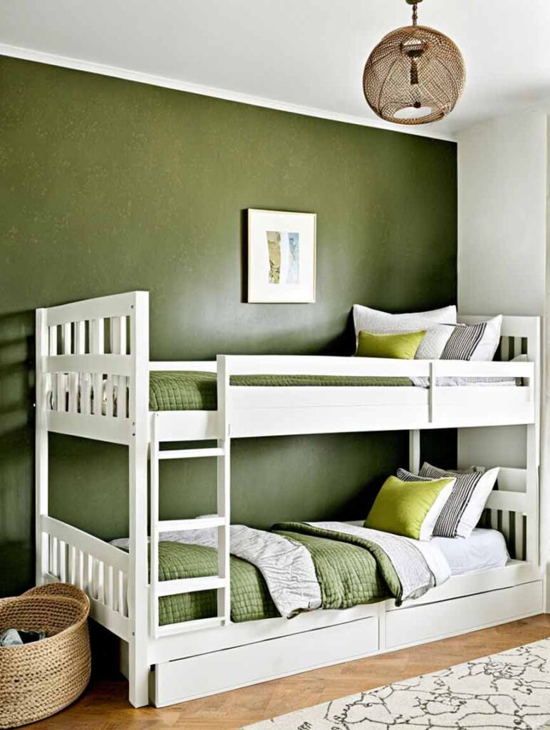 Girls bedroom with olive green accent wall and white bunk bed