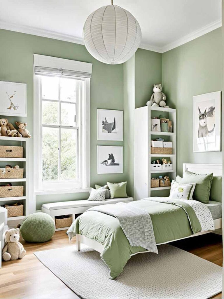 Sage green girls bedroom with shelves