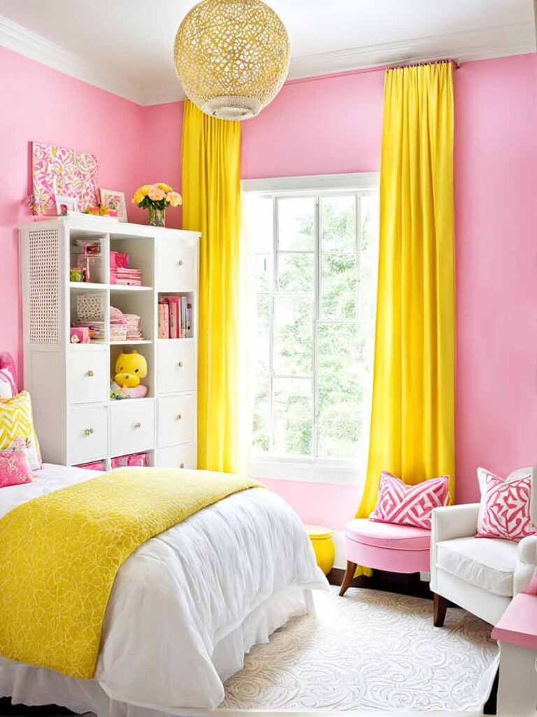 Girls bedroom with pink and yellow color scheme