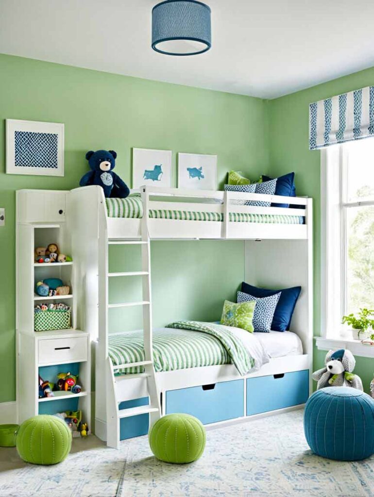 Green and blue girls bedroom with bunk bed