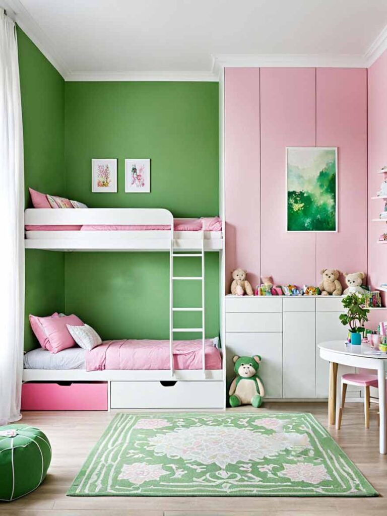 Girls pink and green bedroom with bunk bed