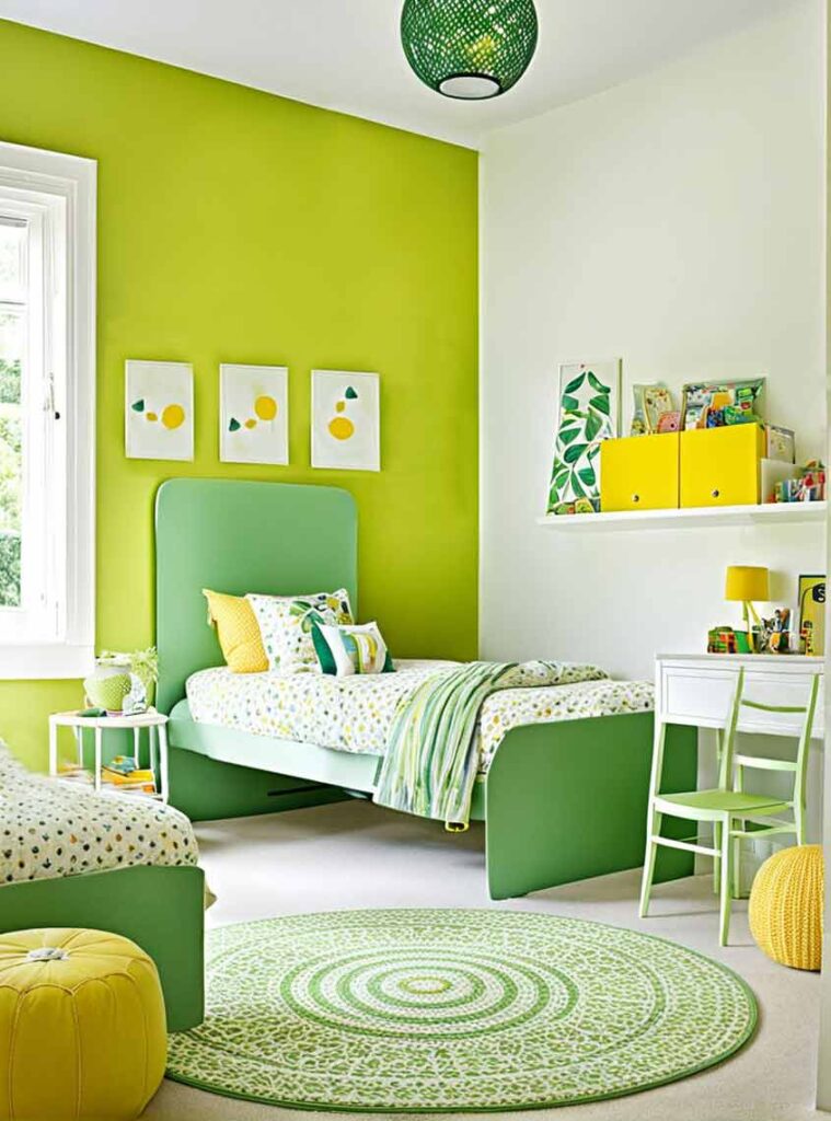 green and yellow bedroom with green accent wall