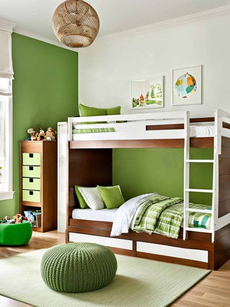 girls bedroom with green accent wall and brown furniture