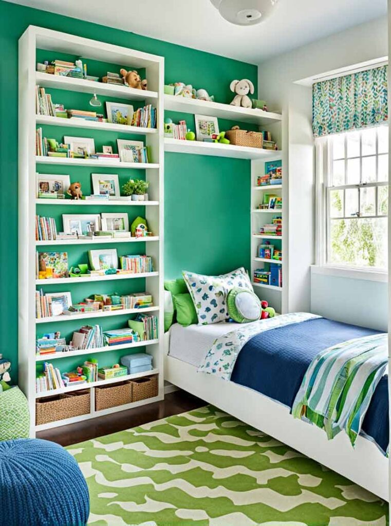 blue and green girls bedroom with bookshelves and green accent wall