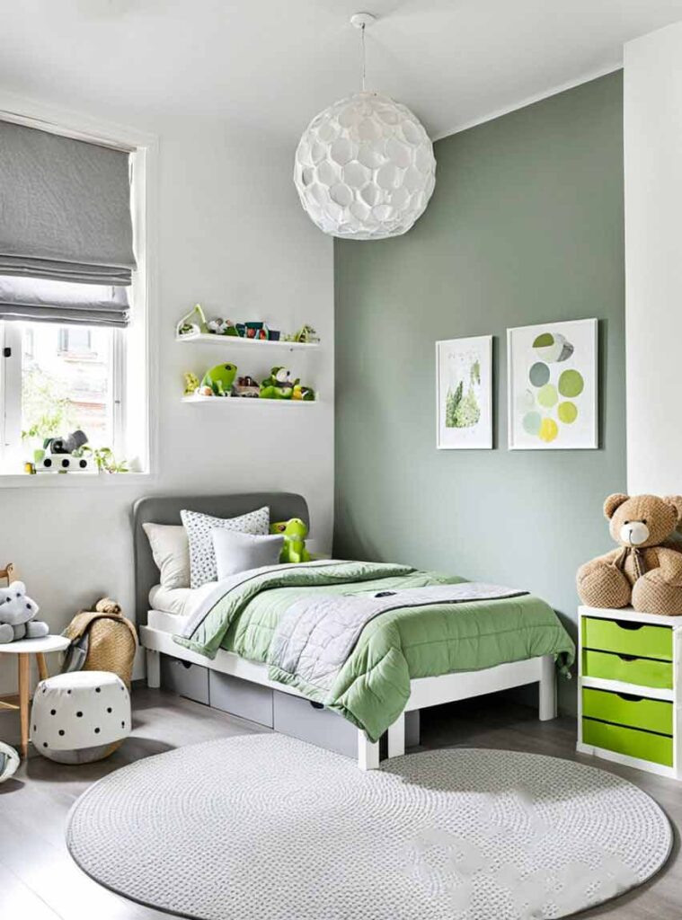 girls gray and green bedroom with green accent wall