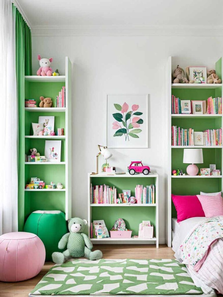 Girls pink and green bedroom idea with bookshelves