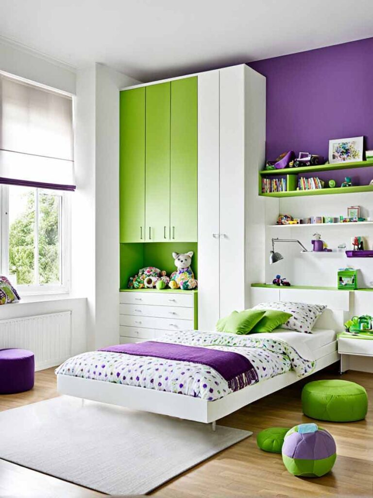 Bright purple and green girls bedroom