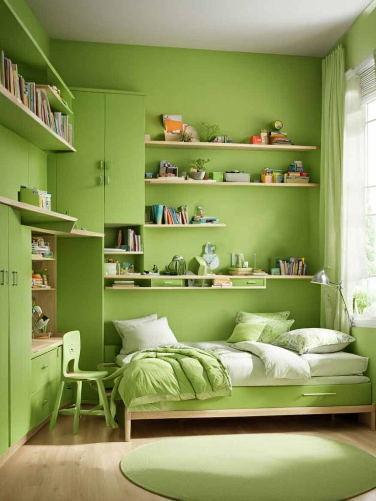 Girls bedroom with green paint and bookshelves