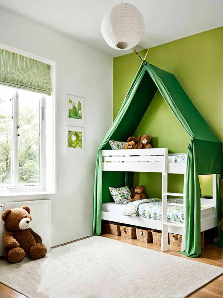 Green white and brown girls bedroom with bunk bed