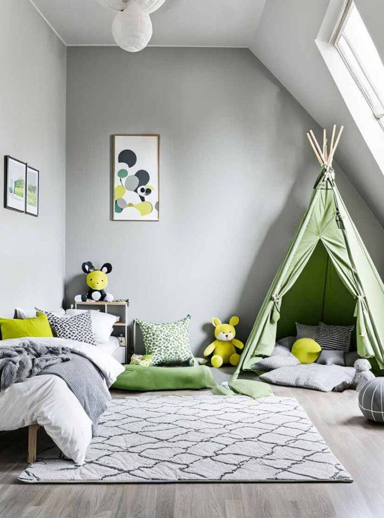 green and gray girls bedroom with green reading ten