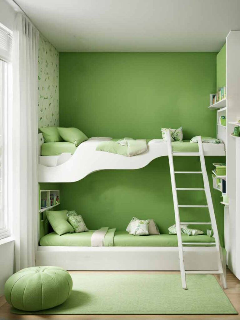 Green and white girls bedroom with white bunk bed