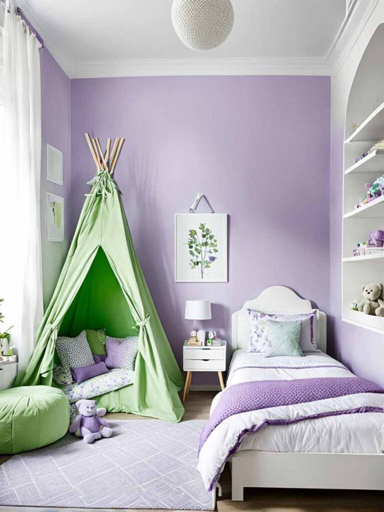 Lavender purple and green girls bedroom with reading tent