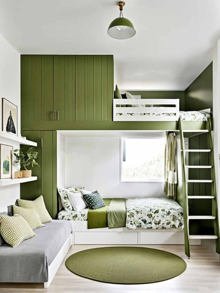 Girls bedroom with olive green color scheme