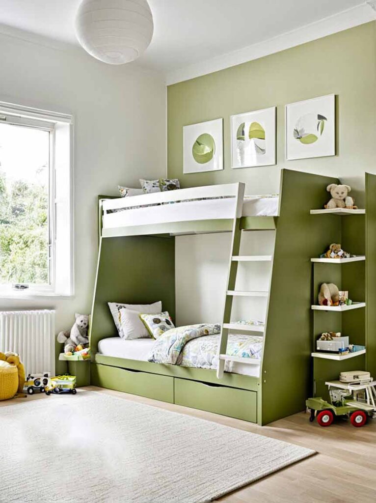 Olive green girls bedroom with bunk bed