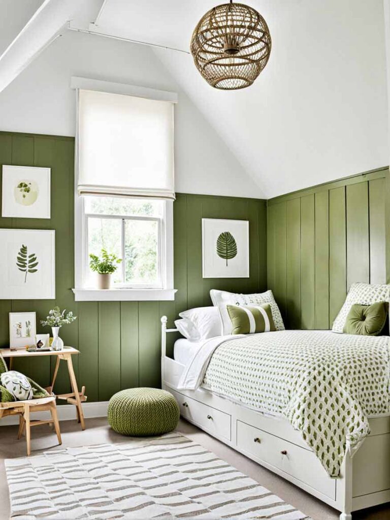 girls bedroom with olive green walls