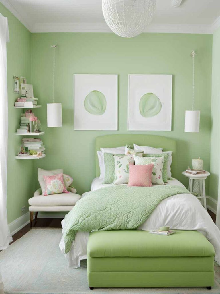 pastel green bedroom with white accents