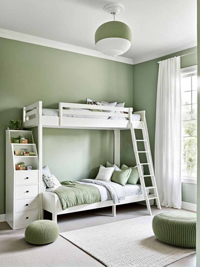 white and sage green bedroom with bunk bed