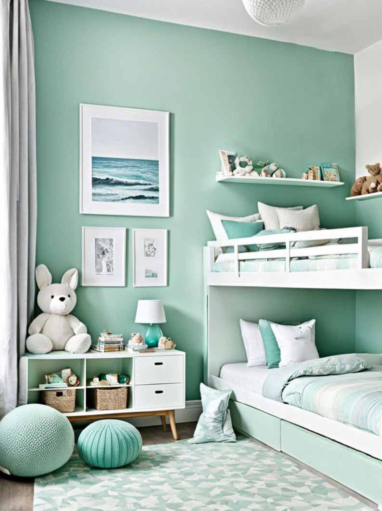 Seafoam green girls bedroom with bunk bed