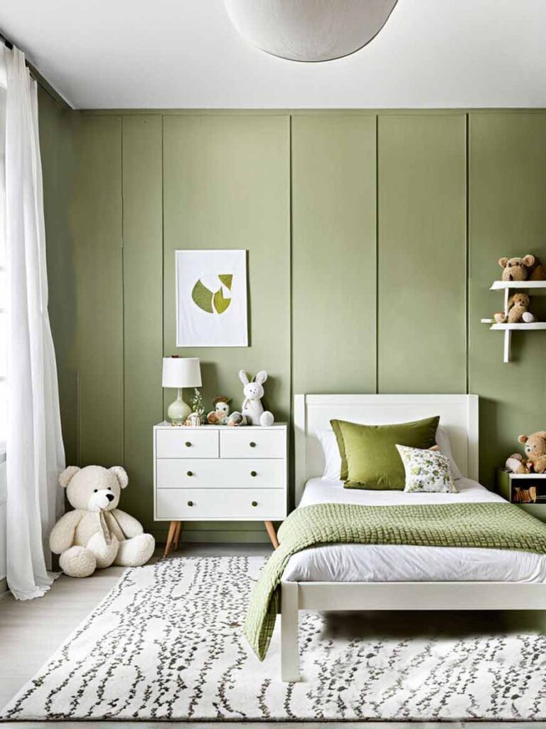 Olive green bedroom with single bed