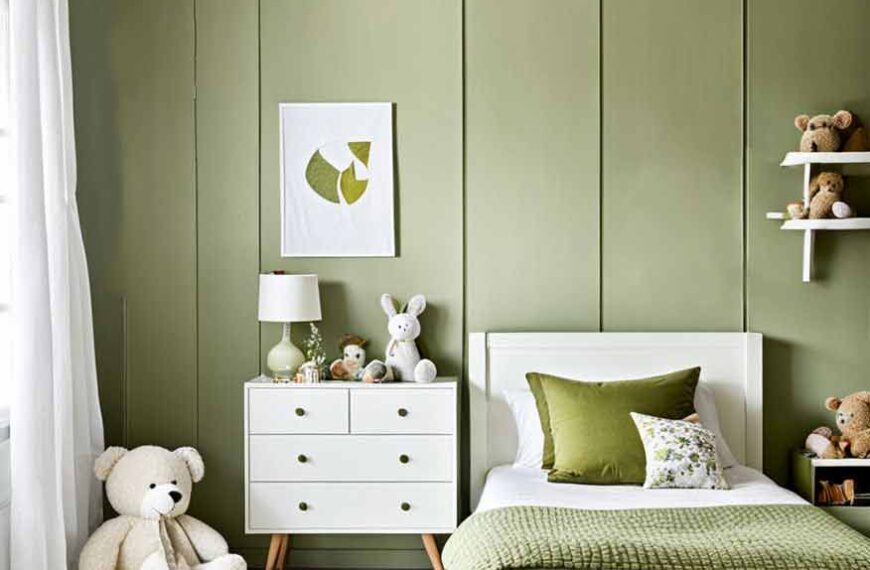 Olive green bedroom with single bed