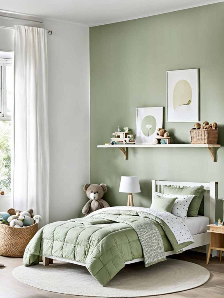 White and sage green girls bedroom