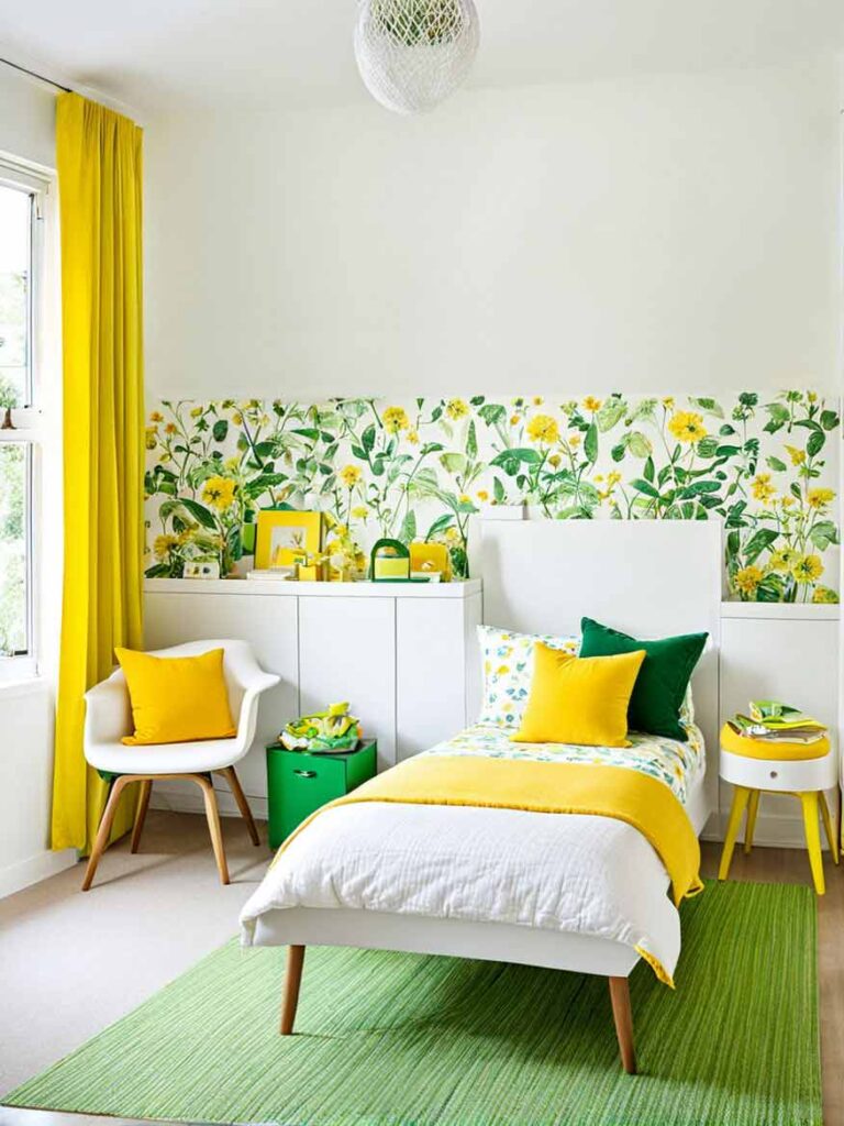 girls green and yellow bedroom with wallpaper