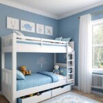 blue white girls bedroom with bunk bed