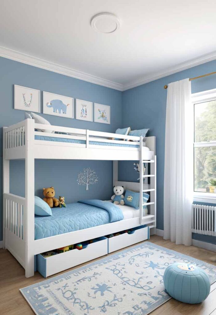 blue white girls bedroom with bunk bed