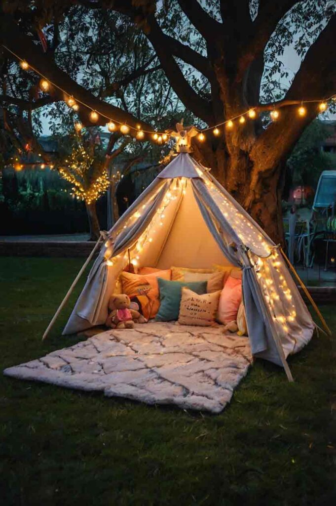 21+ Instagram-Inspired Garden Reading Nook Ideas For Kids 11 nighttime kids garden readng nook with fairy lights